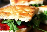 Artisan Focaccia Sandwiches with Roasted Red Pepper and Fresh Arugula