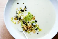 Silken Celery Soup Adorned with Vibrant Walnut Currant Salsa