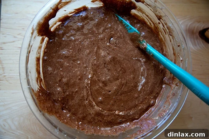 Classic Caprese Flourless Chocolate Almond Torte 12 The fully combined Torta Caprese batter, lightened and airy, with a uniform color and consistency, ready for the baking pan.