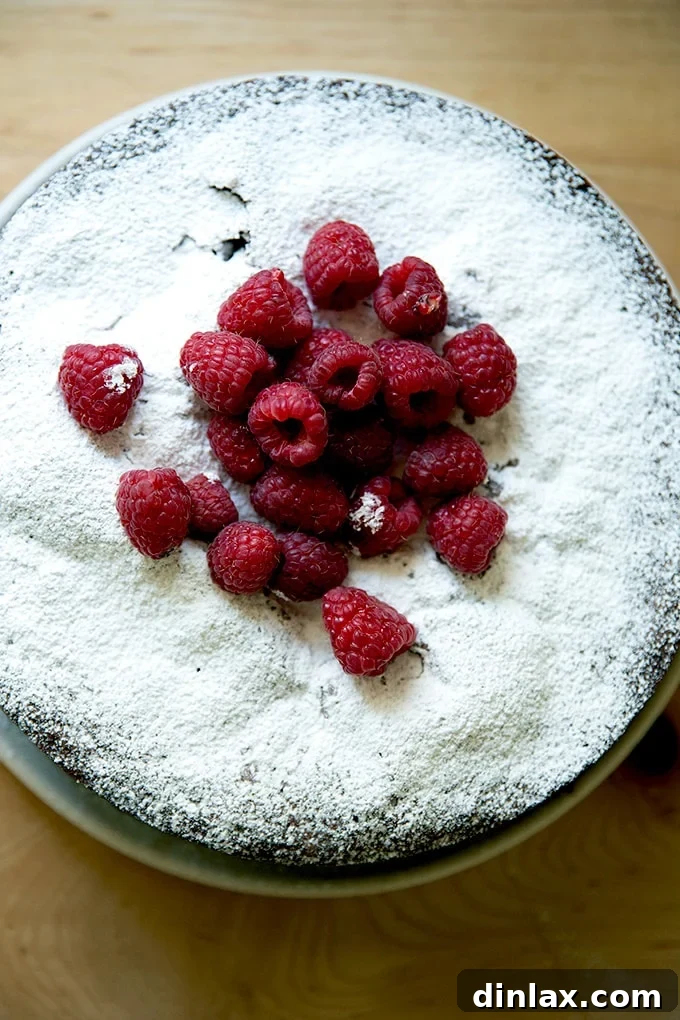 Classic Caprese Flourless Chocolate Almond Torte 15 A freshly baked Torta Caprese, artfully garnished with a generous scattering of fresh, vibrant raspberries and a delicate dusting of confectioners' sugar.