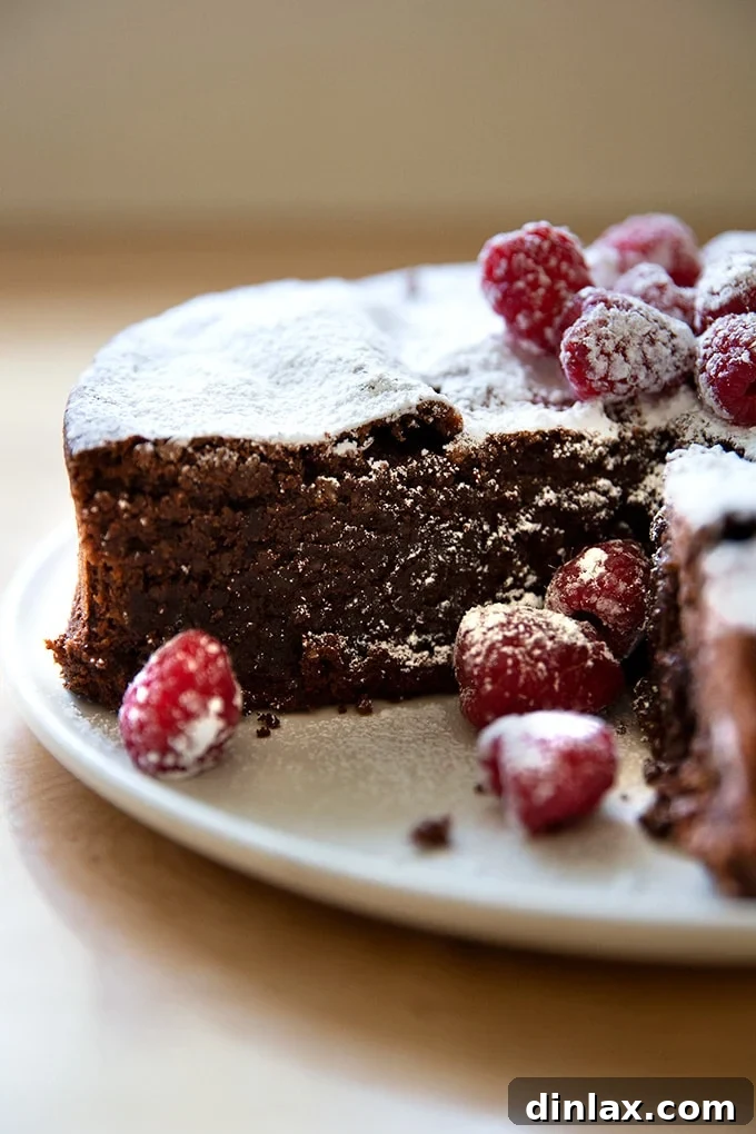 Classic Caprese Flourless Chocolate Almond Torte 16 A perfectly cut slice of Torta Caprese resting on a platter, revealing its dense, moist, and wonderfully rich interior texture, ready to be savored.