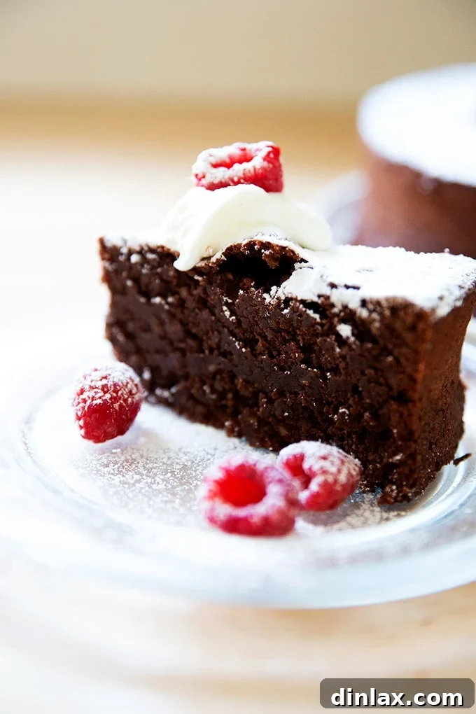 Classic Caprese Flourless Chocolate Almond Torte 17 The fully baked Torta Caprese, elegantly presented and showcasing its beautiful texture, ready to be served as a decadent, show-stopping dessert.