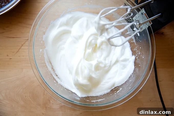 Classic Caprese Flourless Chocolate Almond Torte 10 Fluffy, white, beaten egg whites with soft peaks, standing tall and ready to be gently folded into the chocolate mixture.