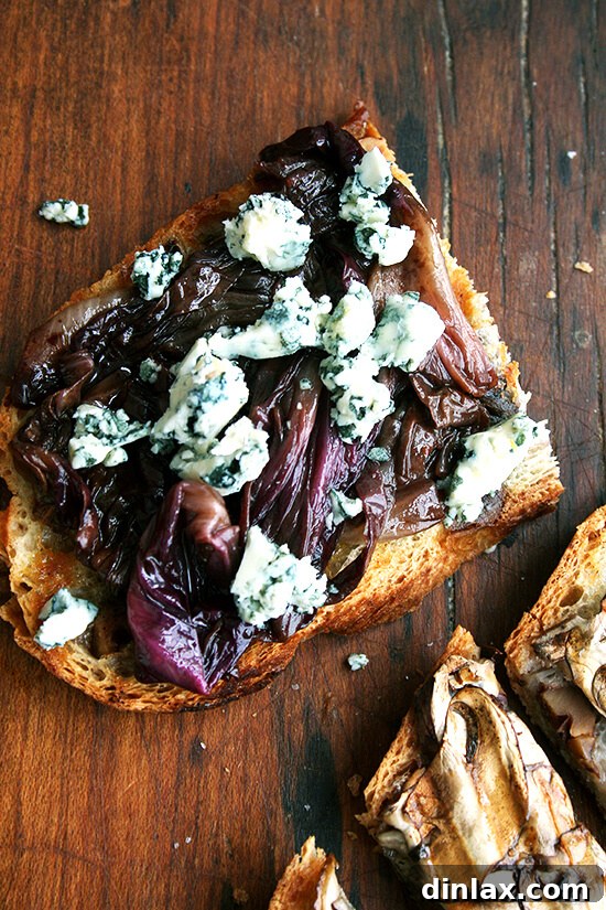Vibrant radicchio and creamy gorgonzola tartine, a harmonious blend of bitter and sweet flavors.