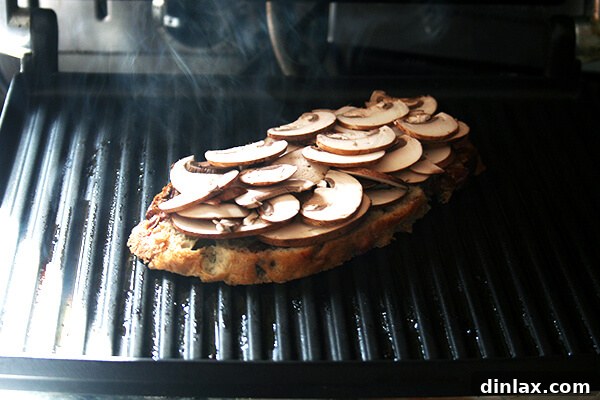 Panini machine pressing a mushroom tartine, demonstrating the unique cooking method.