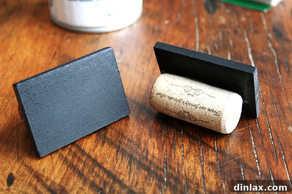 Handmade chalkboard-cork table place cards, rustic and personalized.