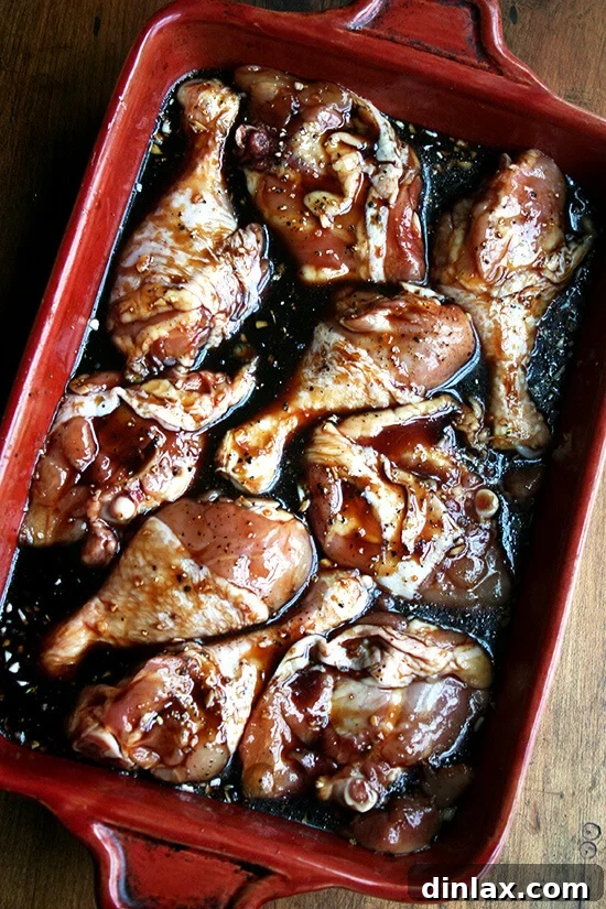 Sticky Honey-Soy Chicken 13 A delectable mixture of chicken thighs and drumsticks evenly coated in the rich honey-soy sauce mixture in a baking dish.