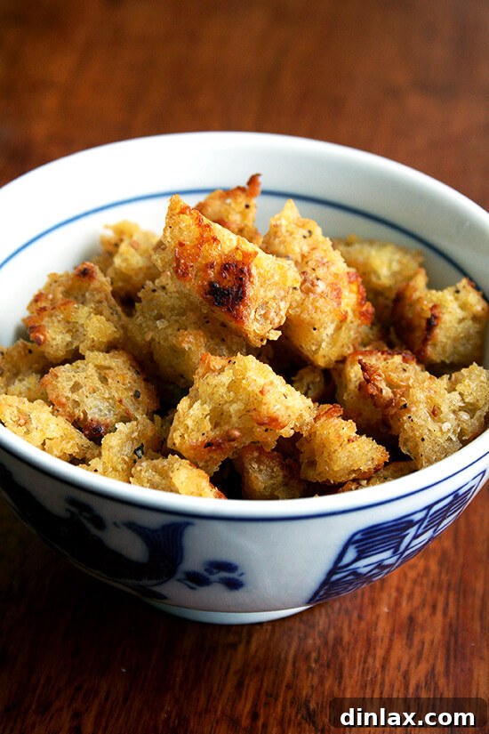 Golden on the outside, chewy on the inside, mustardy throughout, these croutons are irresistible. Golden on the outside, chewy on the inside, mustardy throughout, these croutons are irresistible.