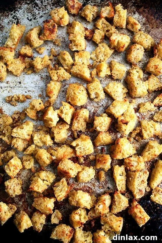 Golden on the outside, chewy on the inside, mustardy throughout, these croutons are irresistible. Golden on the outside, chewy on the inside, mustardy throughout, these croutons are irresistible.