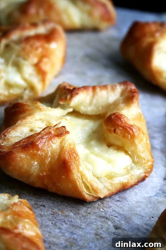 A freshly baked cheese Danish on a sheet pan, golden brown and puffed, ready to be enjoyed.