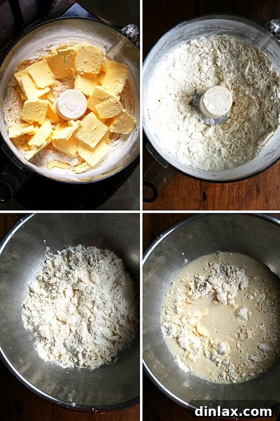 A montage of images illustrating the process of making the food processor pastry dough, from combining dry ingredients to adding butter and wet ingredients.