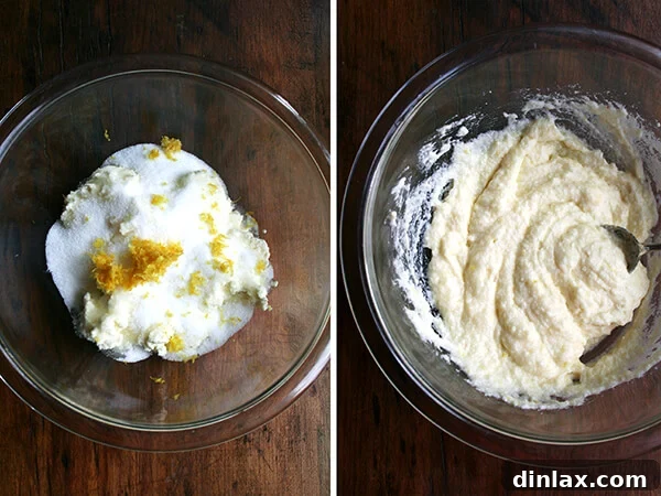 Two images side-by-side: on the left, a bowl with the unmixed lemon-ricotta filling; on the right, the same bowl with the filling perfectly mixed and creamy.