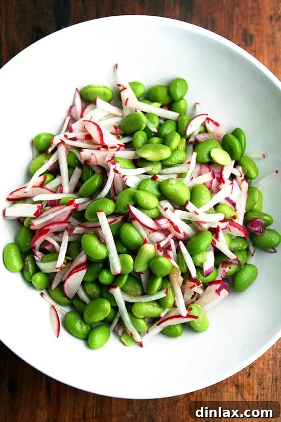 Make the Most of Your Radishes 2 A vibrant Edamame and Radish Salad, featuring nearly equal proportions of crisp radishes and tender edamame, dressed simply with olive oil, vinegar, and a generous sprinkle of salt. This high-protein, light, colorful, and satisfying salad is a fantastic way to utilize fresh CSA radishes.