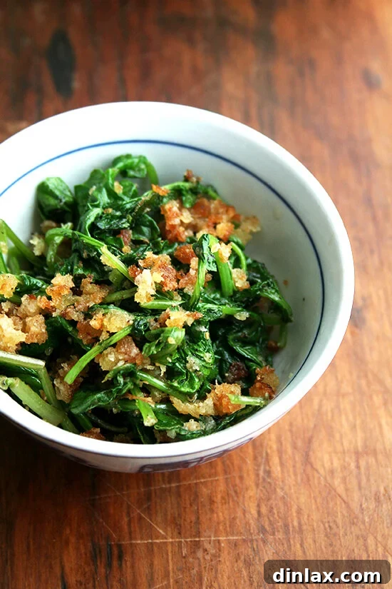 Make the Most of Your Radishes 16 A serving of vibrant radish greens topped with toasted bread crumbs, highlighting a delicious and often overlooked part of the radish.