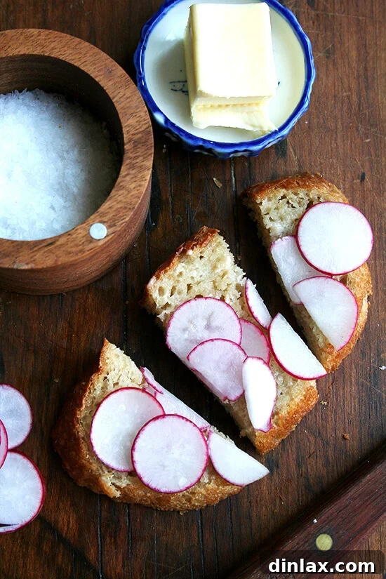 Make the Most of Your Radishes 18 Buttered bread topped with sliced radishes and a sprinkle of salt, a simple and delicious snack or appetizer.