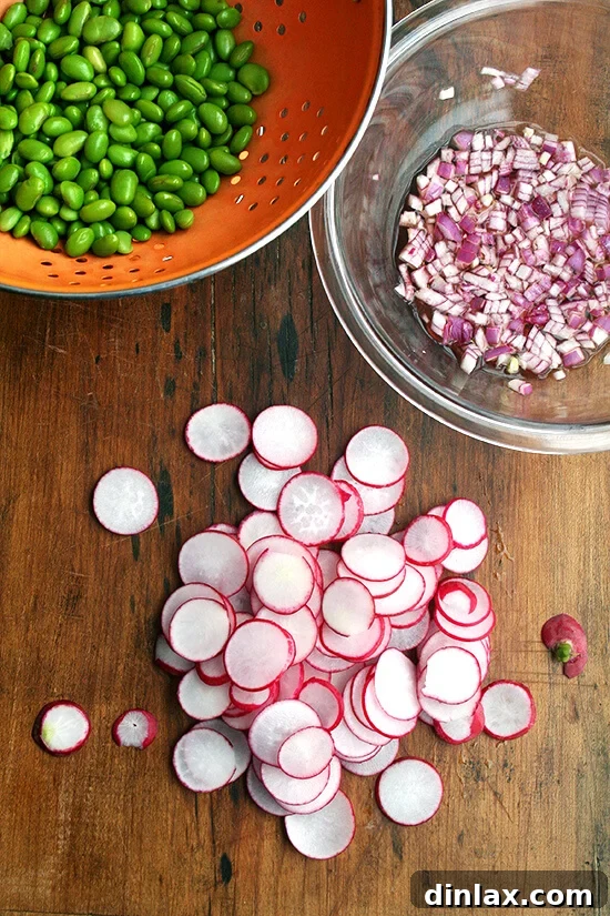Make the Most of Your Radishes 7 Close-up of a refreshing edamame and radish salad, where radishes and edamame are in nearly equal proportion. The simple dressing consists of olive oil, vinegar, and salt, creating a high-protein, light, colorful, and satisfying dish that makes excellent use of CSA radishes.