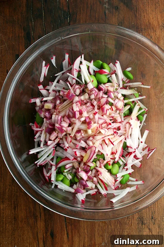 Make the Most of Your Radishes 10 Radishes and edamame lightly coated with a simple vinaigrette, enhancing their flavors and preparing them for serving.
