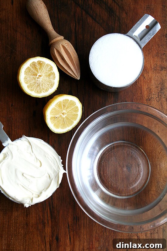 Silken Mascarpone Sorbet 2 Four simple ingredients for mascarpone sorbet: fresh lemon, granulated sugar, fresh mascarpone cheese, and pure water.