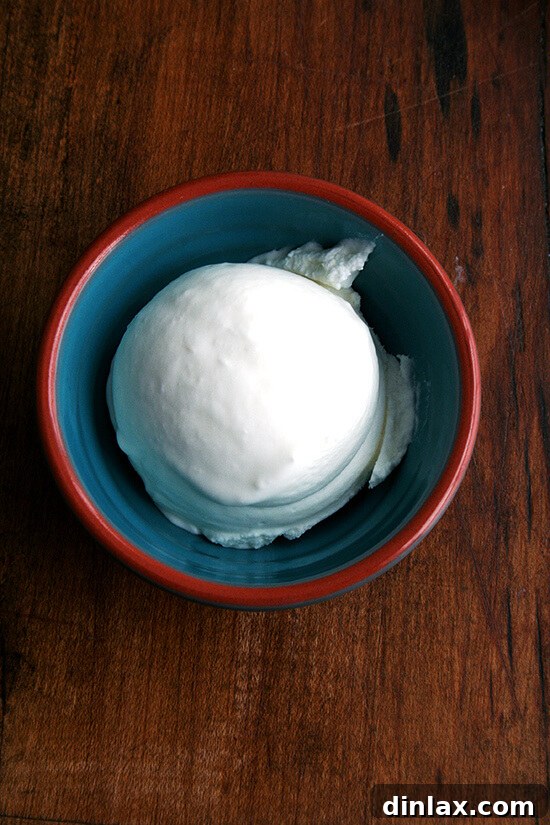 Enjoy a refreshing scoop of homemade mascarpone sorbet, a truly delightful and simple dessert. Close-up of a perfectly scooped Mascarpone Sorbet in a clear glass bowl, garnished with a fresh mint leaf and lemon zest, glistening in the light, ready to be enjoyed.