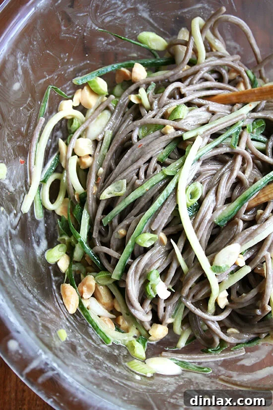 Finished Soba Noodle Salad with Peanut Dressing in a bowl
