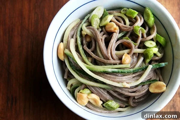A bowl of Soba Noodle Salad with Peanut Dressing ready to eat