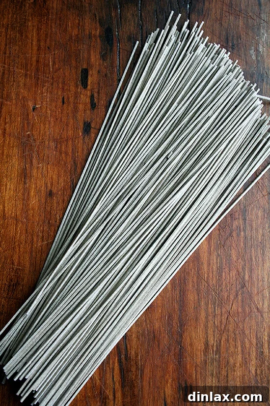 Uncooked soba noodles on a surface