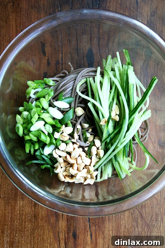 Soba noodles ready to be tossed with dressing and vegetables