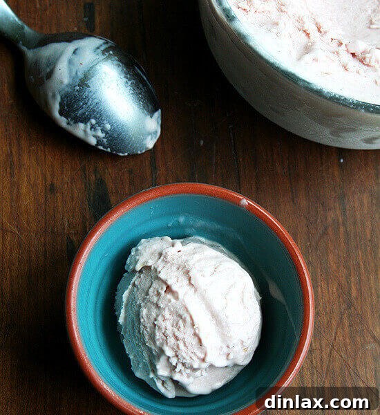 A perfectly scooped serving of Jeni's Splendid Rhubarb Ice Cream, showcasing its smooth texture and delightful pink color.