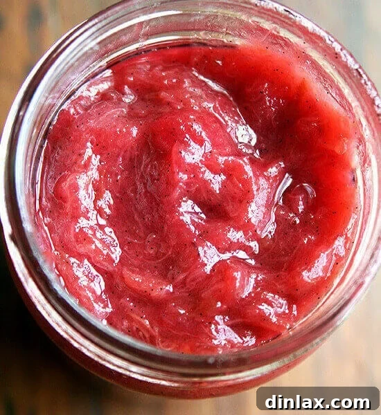 A high-angle shot of a jar filled with homemade rhubarb jam, topped with a label, presented on a rustic surface.