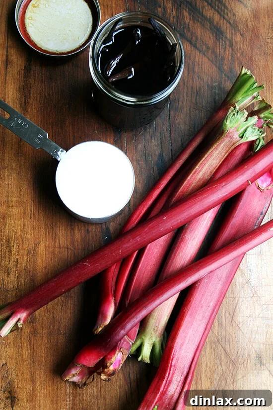 Jammy Rhubarb Ripple Ice Cream 4 Ingredients for making rhubarb jam: chopped rhubarb, granulated sugar, and a whole vanilla bean, neatly arranged on a wooden board.
