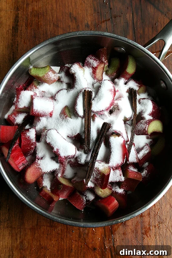 Jammy Rhubarb Ripple Ice Cream 7 Rhubarb, sugar, and vanilla bean in a saucepan, beginning the gentle simmering process for the jam.