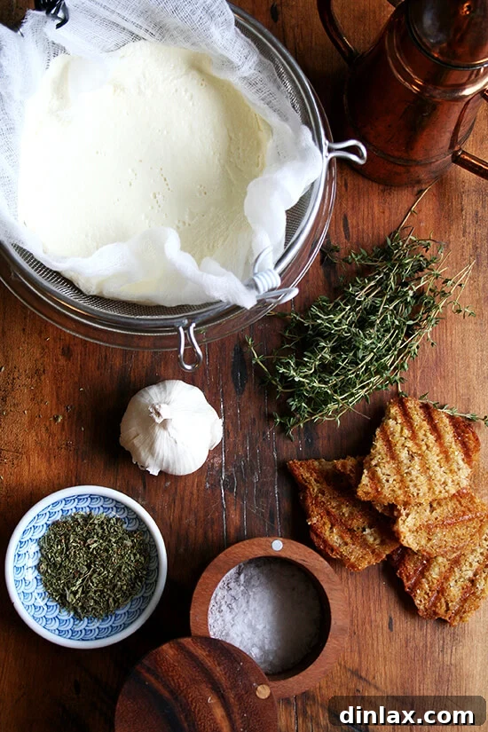 Thyme-Infused Ricotta with Olive Oil and Grilled Sourdough 2 Ingredients laid out for homemade ricotta appetizer