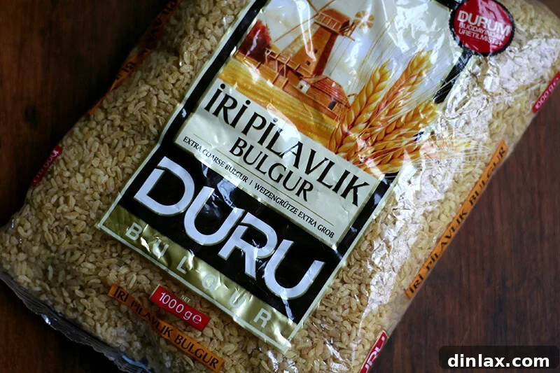 A bag of extra-coarse bulgur, highlighting the texture and type of grain used.