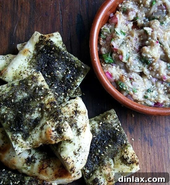 Smoky charred eggplant mash served with za'atar flatbread