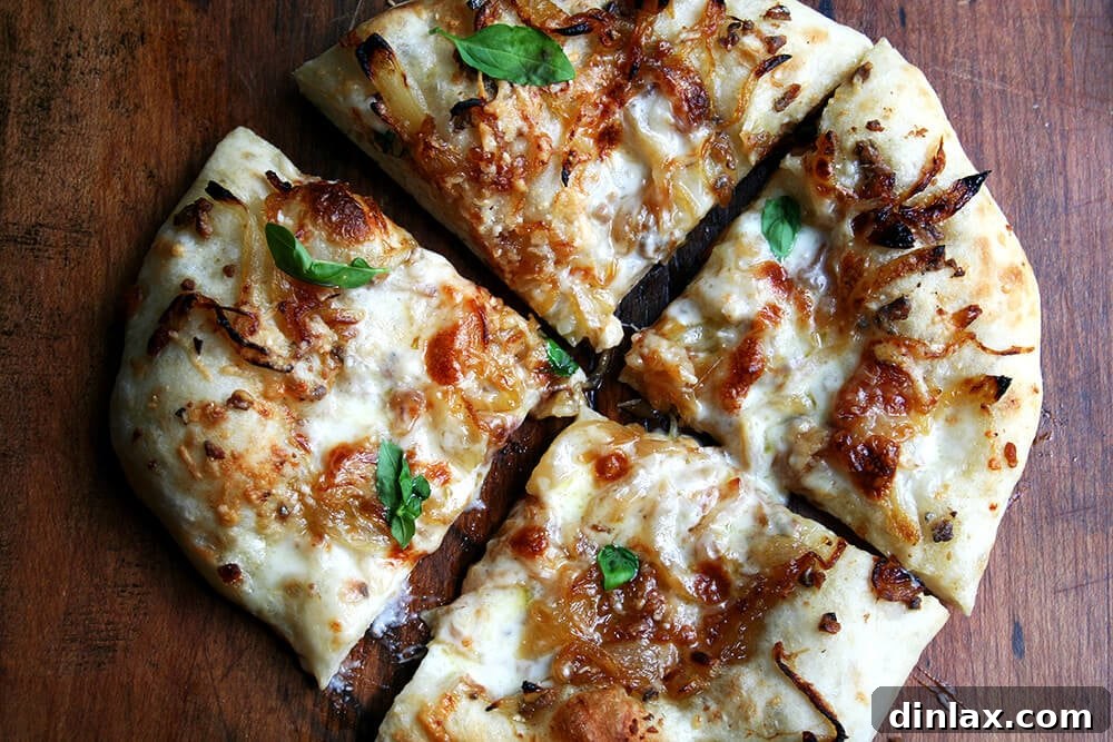 Baking Steel Masterpiece: Margherita & Caramelized Onion Burrata Pizzas 20 A whole caramelized onion and burrata pizza, freshly baked, topped with basil and cut into wedges.