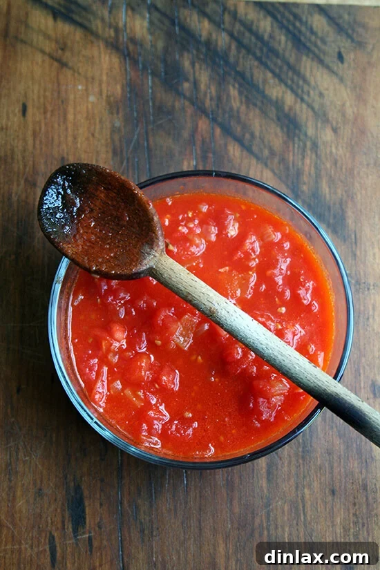 Baking Steel Masterpiece: Margherita & Caramelized Onion Burrata Pizzas 4 A bowl of vibrant, barely cooked tomato sauce, ready for pizza topping.