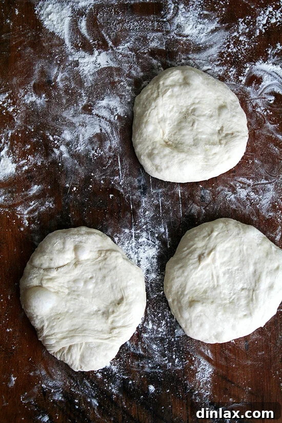 Baking Steel Masterpiece: Margherita & Caramelized Onion Burrata Pizzas 7 Three rounds of beautifully risen Lahey no-knead pizza dough on a wooden board, dusted with flour.