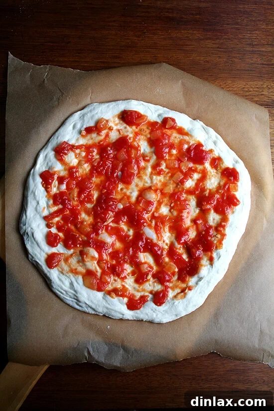 Baking Steel Masterpiece: Margherita & Caramelized Onion Burrata Pizzas 9 A stretched round of Lahey pizza dough on a pizza peel, lightly topped with vibrant tomato sauce.