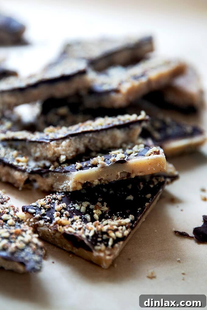 Decadent Milk or Dark Chocolate Toffee 2 Milk and dark chocolate toffee broken into shards.