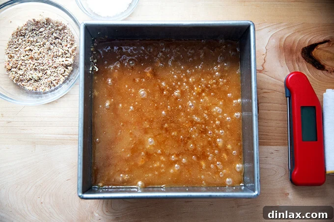 Decadent Milk or Dark Chocolate Toffee 7 Layer of caramel in a pan for toffee.