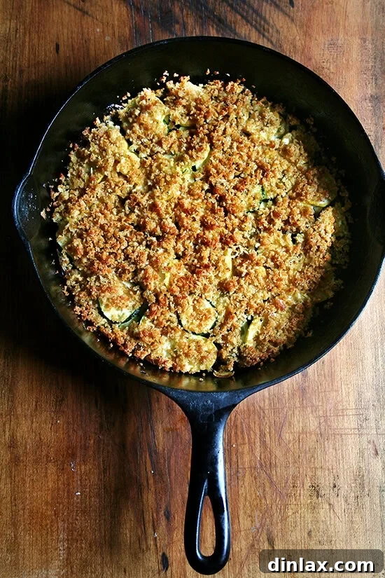 A golden-brown summer squash gratin, featuring thinly sliced yellow and green squash layered with a crispy Parmesan breadcrumb topping, freshly baked in a rustic ceramic dish.