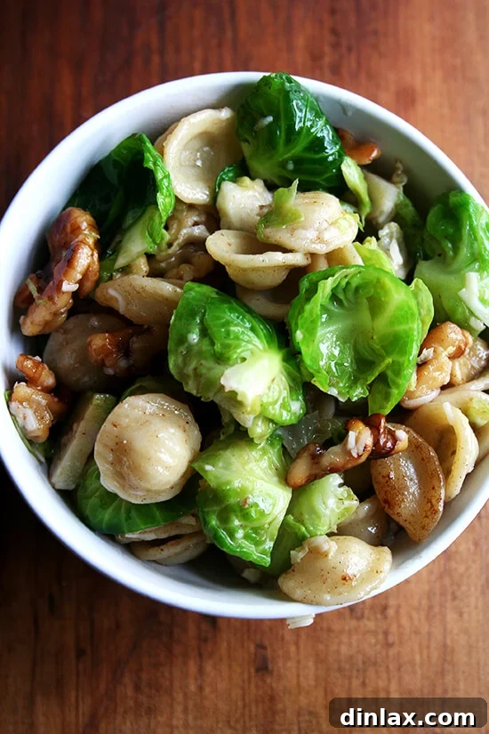 A vibrant bowl of Orecchiette with Brown Butter, Brussels Sprouts, toasted Walnuts, and grated Pecorino cheese, perfectly illustrating a quick and delicious pasta meal.