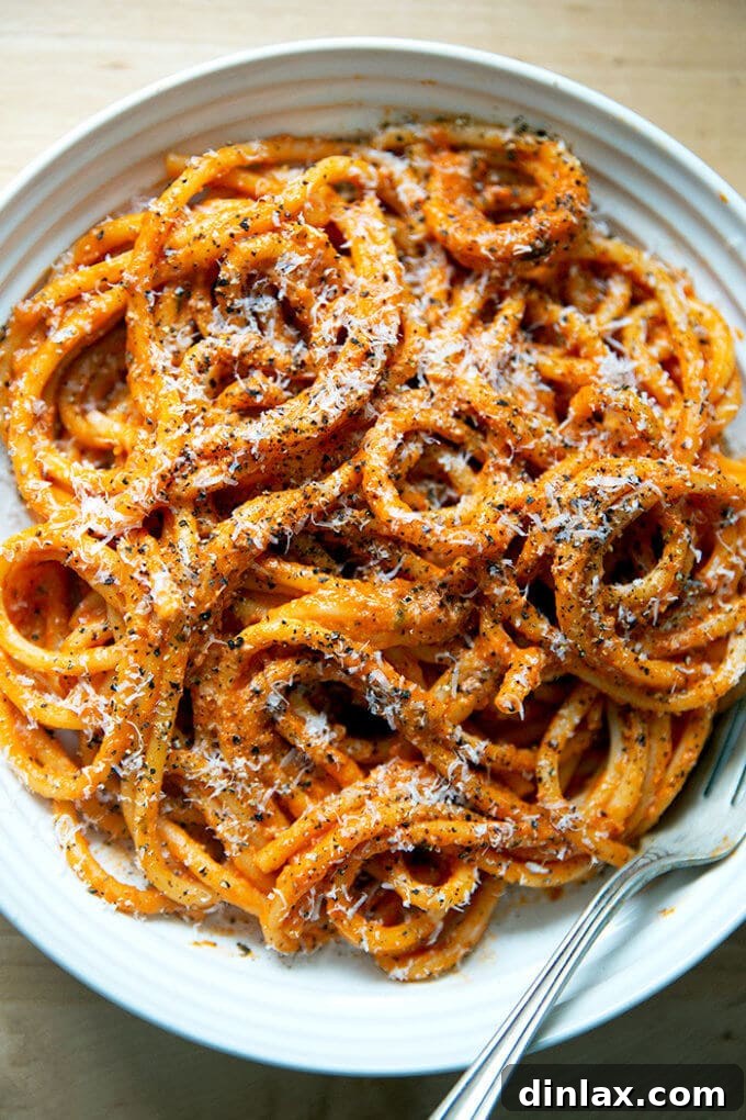 Ina Garten's Ultimate Vodka Sauce 2 A bowl of bucatini tossed in Ina Gartens vodka sauce, garnished with fresh basil and grated Parmesan.