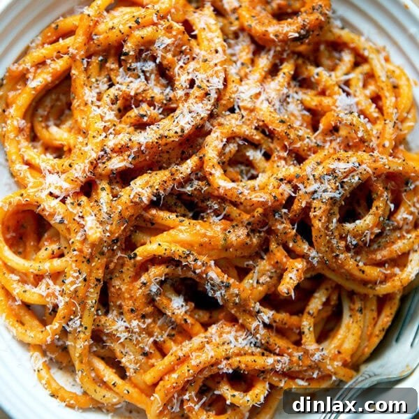 A bowl of bucatini tossed in Ina Gartens vodka sauce.