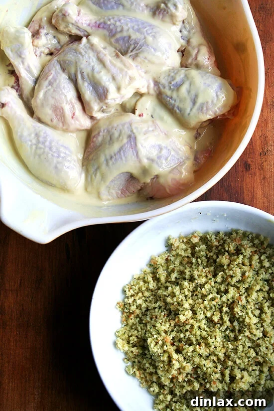 Ina Garten Zesty Roasted Chicken 5 Chicken thighs and drumsticks marinating in buttermilk and dijon aside herbed bread crumb mixture.