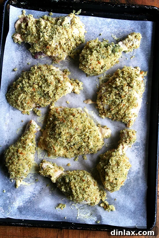 Ina Garten Zesty Roasted Chicken 6 Chicken thighs and drumsticks, coated with herbed bread crumbs, ready for the oven.