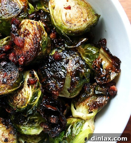 Ina Garten's balsamic roasted Brussels sprouts with pancetta, beautifully presented.