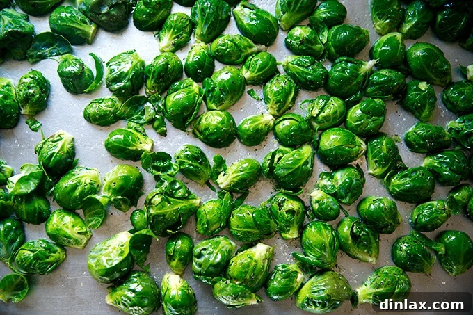 A sheet pan filled with seasoned Brussels sprouts, coated in olive oil, salt, and pepper, perfectly arranged and ready for the oven.