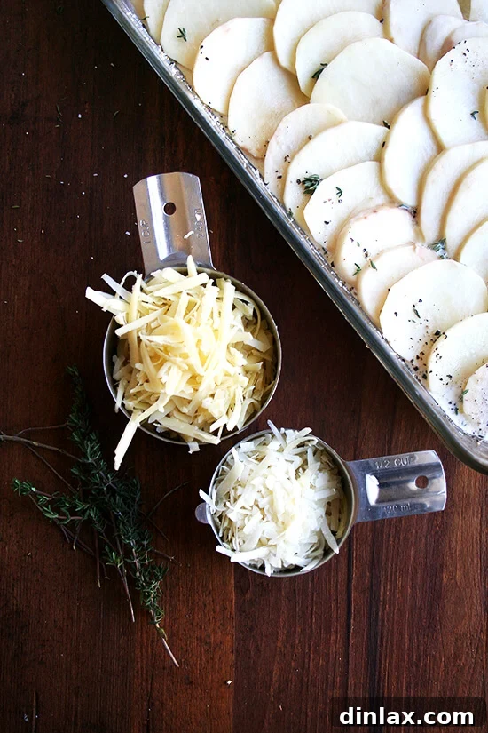 Alice Waters Perfected Potato Gratin 11 Measuring cups filled with grated Parmesan and Gruyère cheeses, poised beside the baking dish containing layered potatoes and liquid, ready for topping.