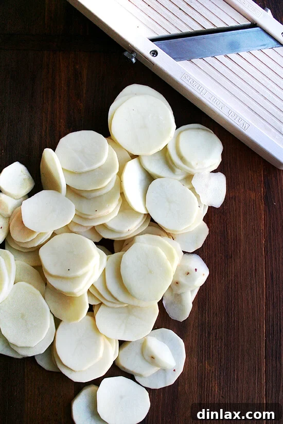 Alice Waters Perfected Potato Gratin 6 A mandoline slicer in action, with perfectly uniform potato slices accumulating on a wooden board below.